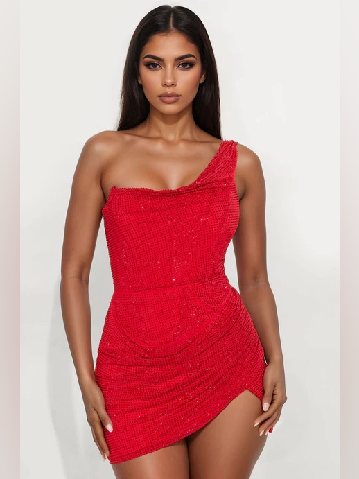 Fashion Nova Red Rhinestone Mini Dress